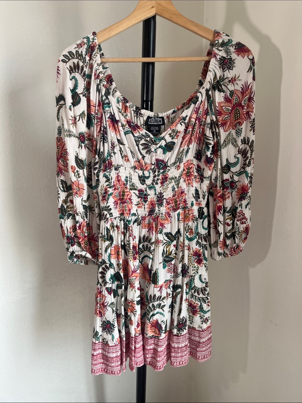 Angie White Floral Smocked Mini Dress with Pink & Green Print